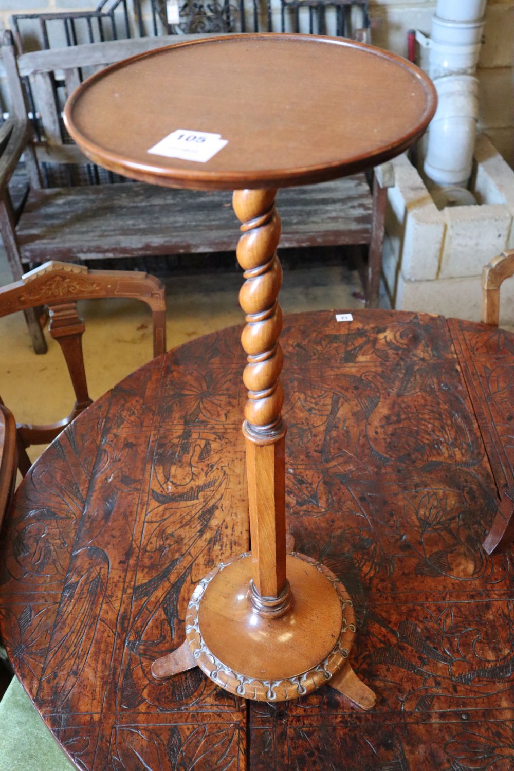 A late Victorian mahogany dish top torchere, height 71.5cm